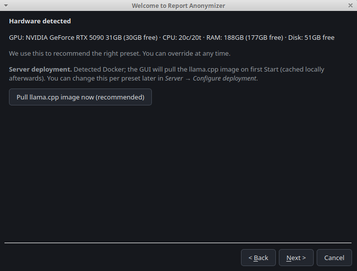 First-run wizard hardware-detection step: GPU, CPU, RAM and disk are auto-detected. The wizard offers a one-click pull of the llama.cpp Docker image as the recommended deployment.