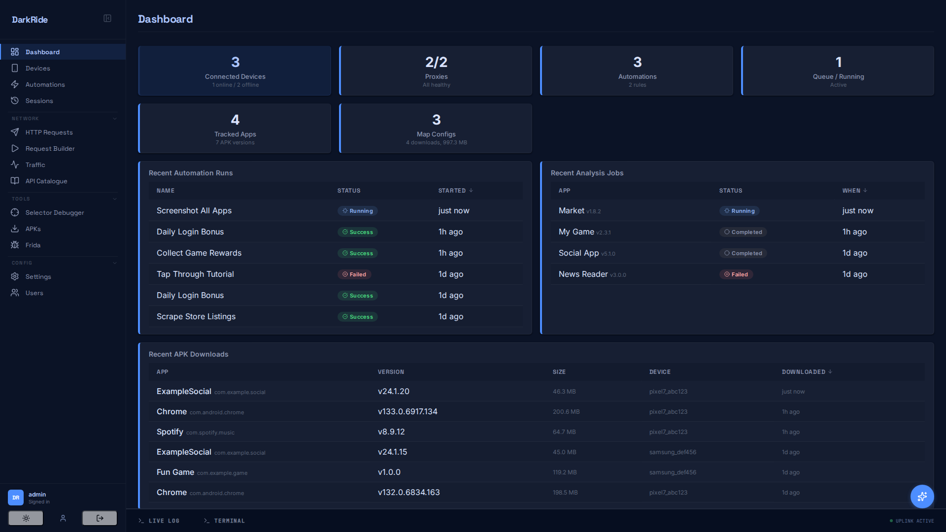 DarkRide dashboard