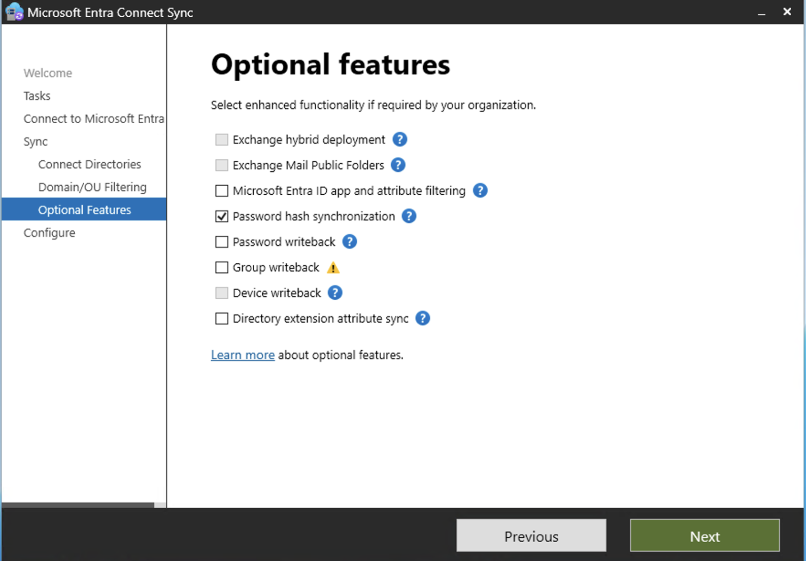 entra connect optional features phs