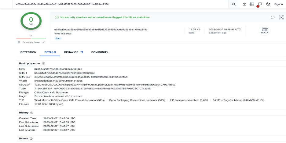 VirusTotal file details tab