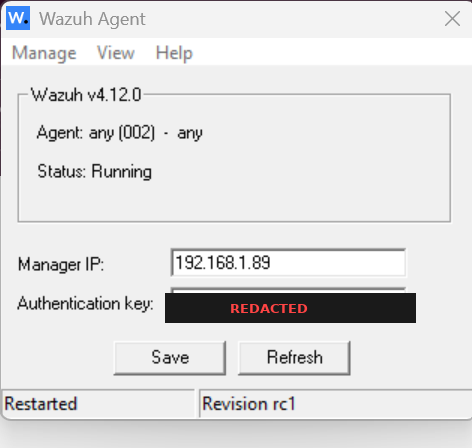Wazuh Agent Manager 显示 Status: Running,Manager IP 192.168.1.89,auth key 已编辑处理