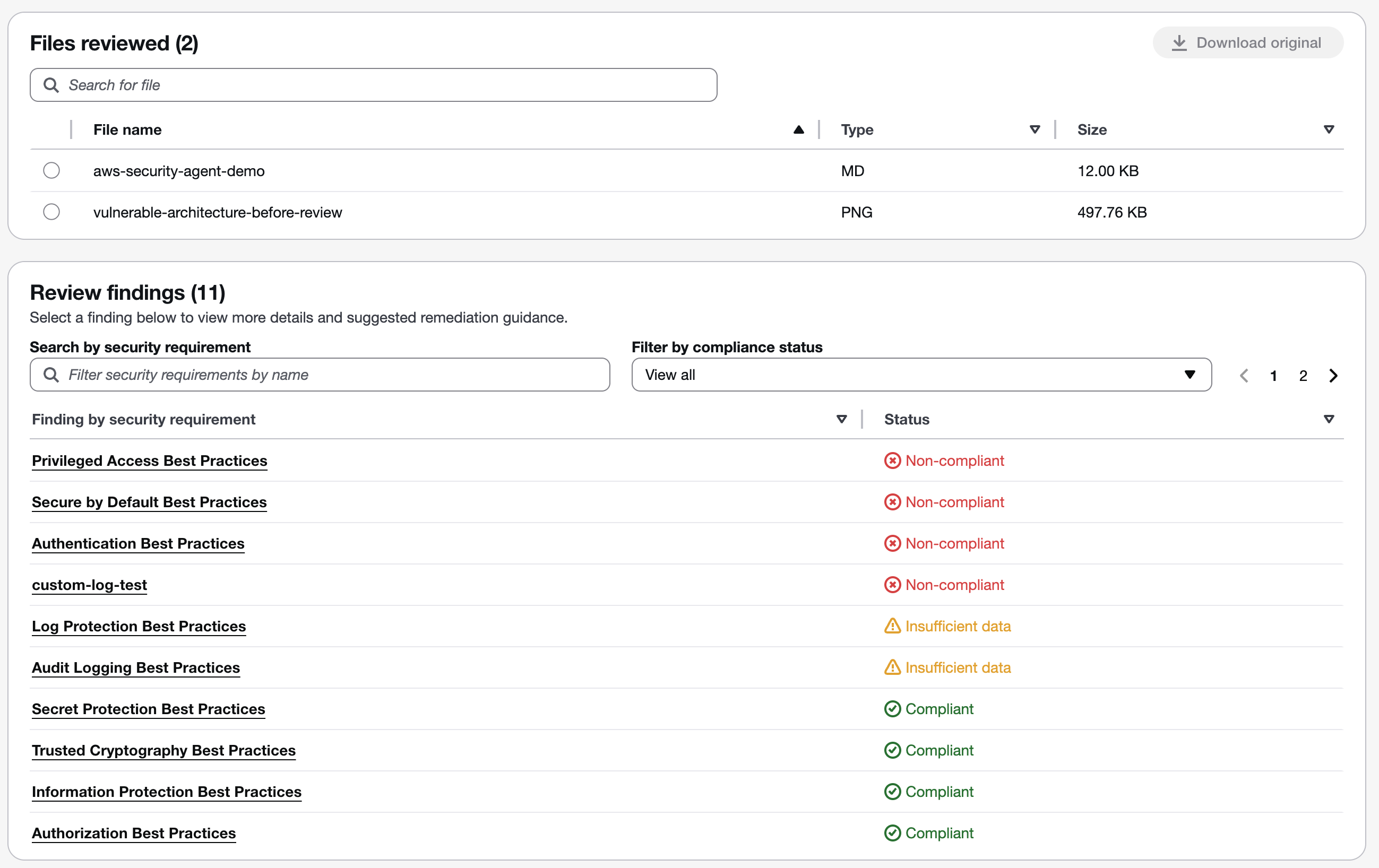 AWS Security Agent design review findings summary