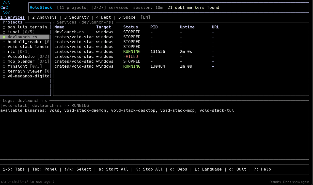 Void Stack TUI — navigating tabs