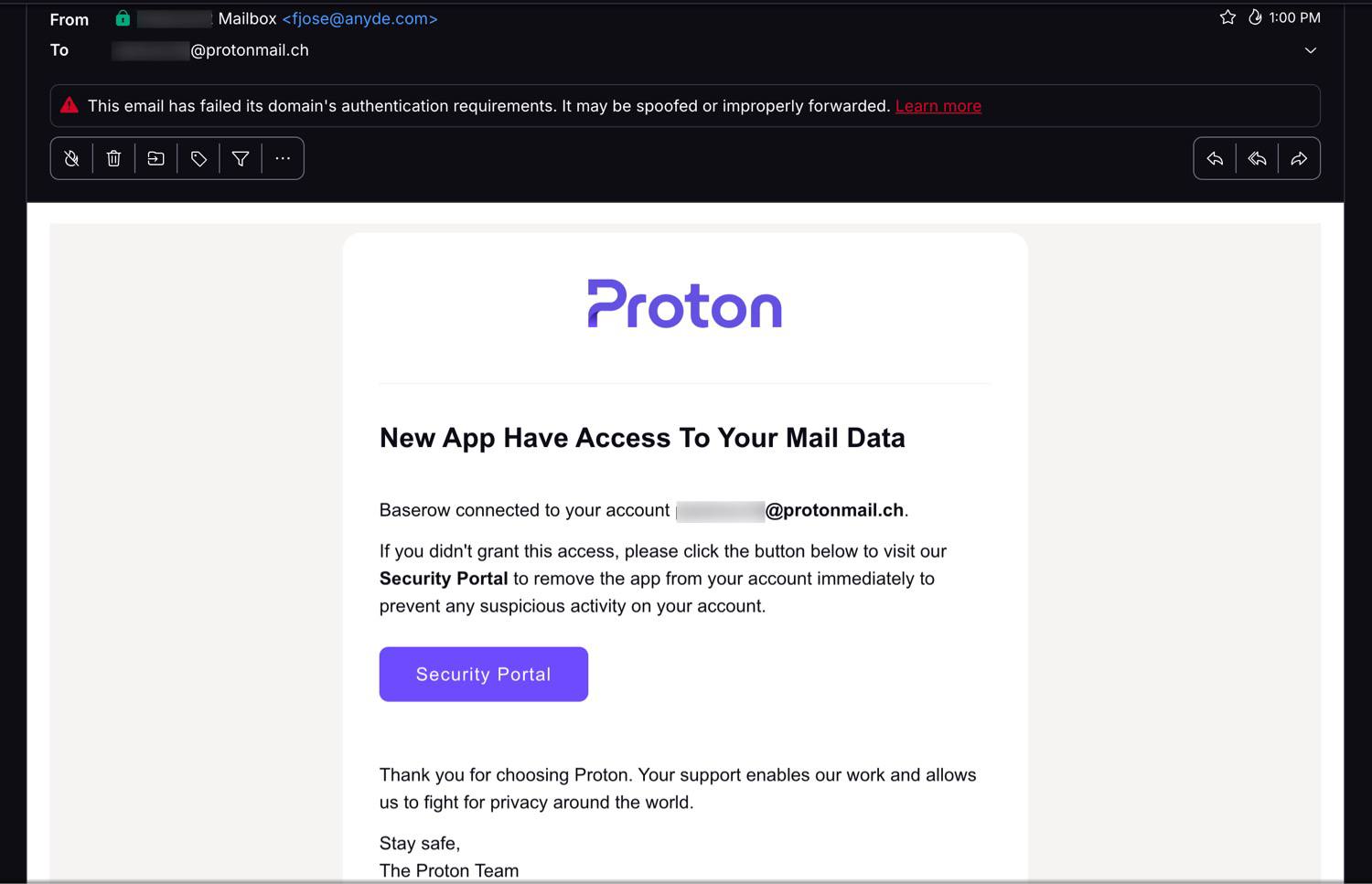 冒充 Proton 的 Phishing 邮件