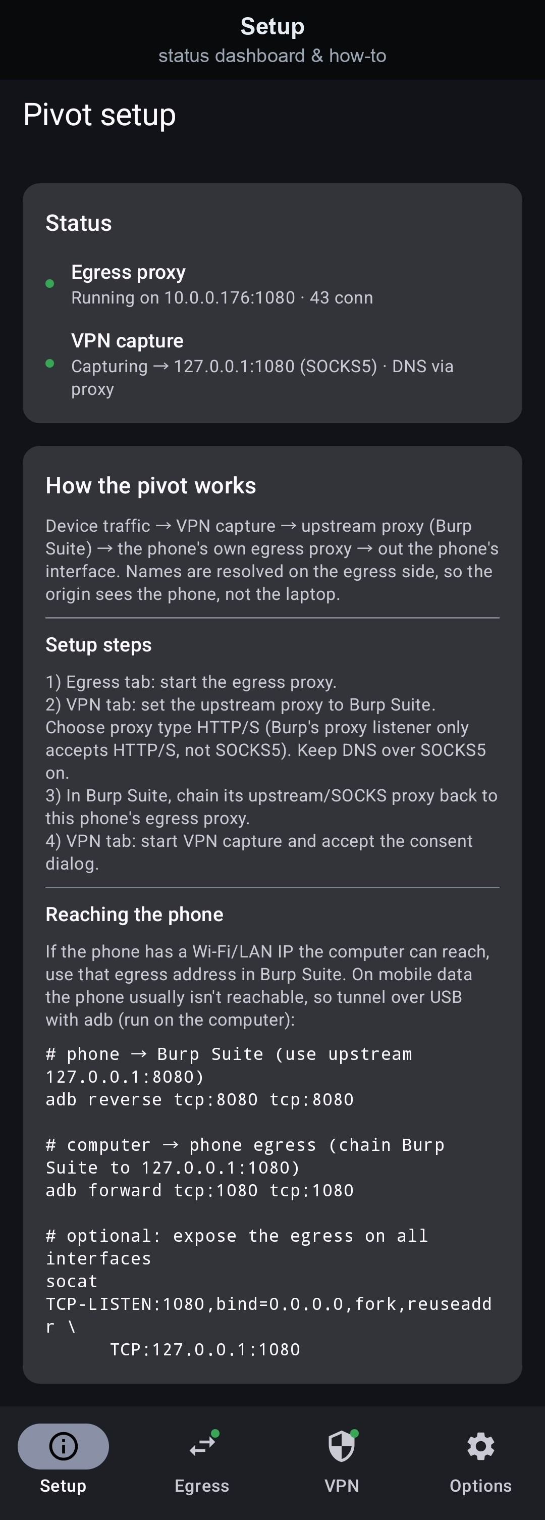 Setup tab — status dashboard and how-to screenshot