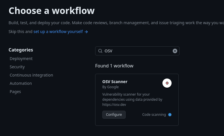 Image shows OSV Scanner workflow after searching