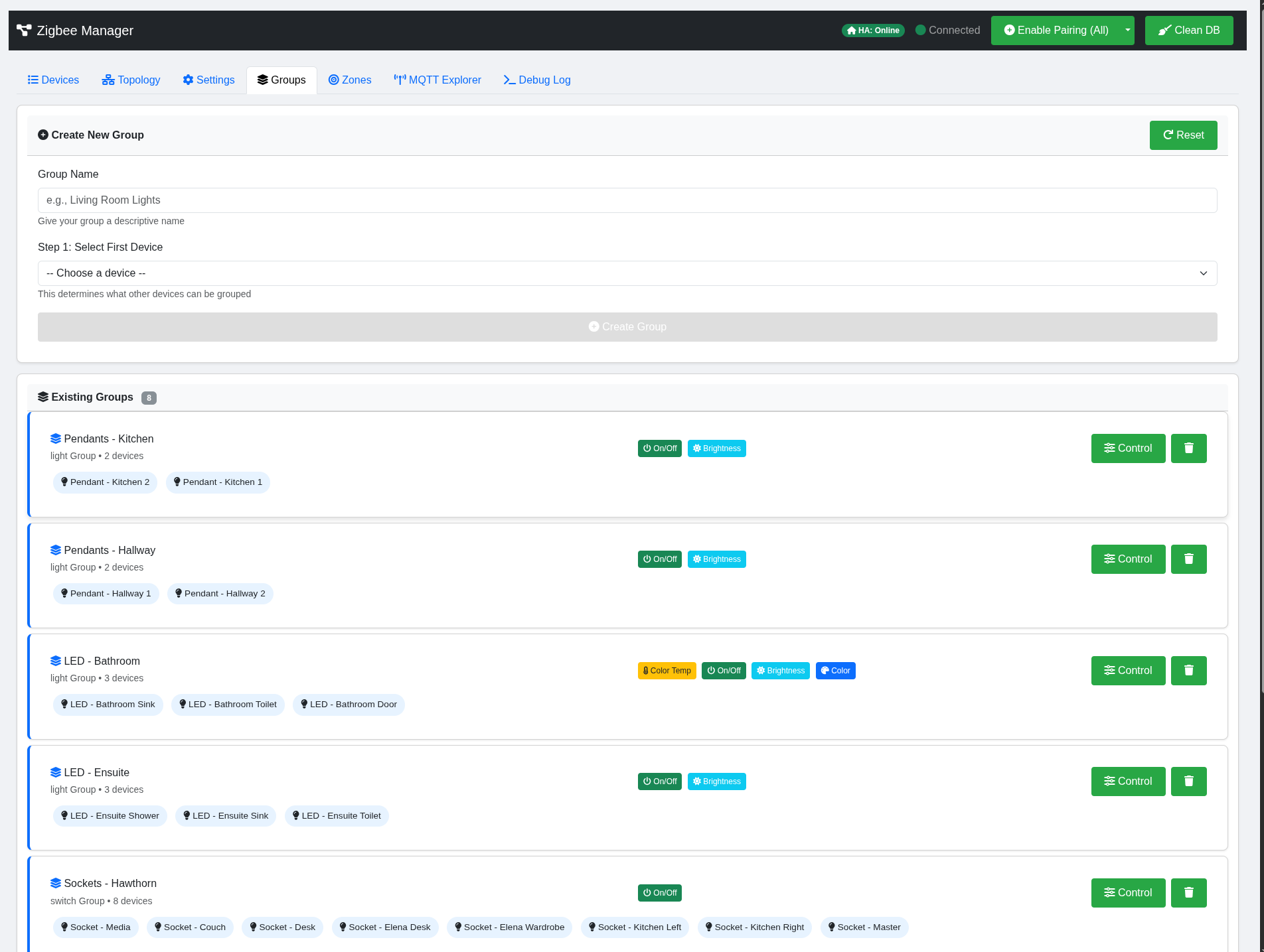Groups tab with create form and group control modal