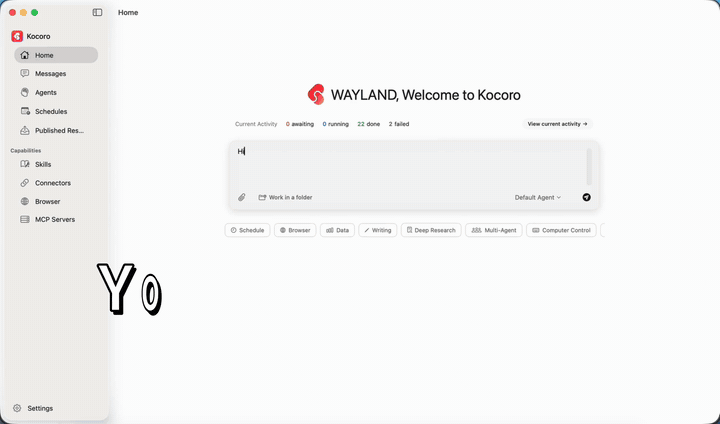 Kocoro demo — AI agents working hands-on across your Mac