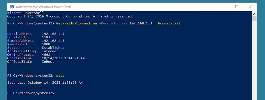 检测到 PowerShell TCP 连接 — 192.168.1.5:1583 → 192.168.1.3:5000,OwningProcess 4668