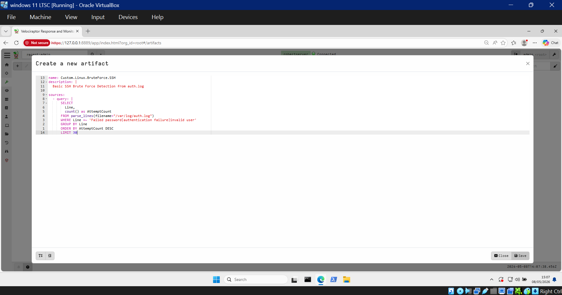 Created SSH brute force artifact