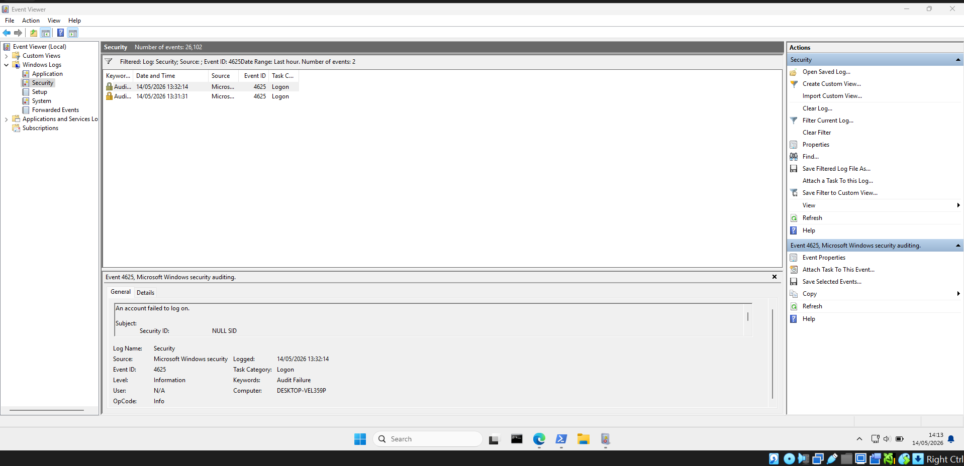Event Viewer showing failed login