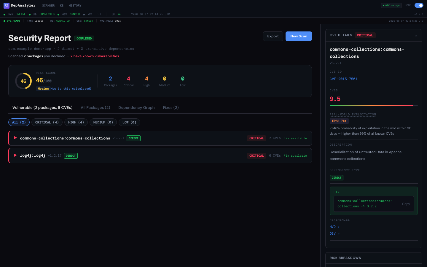 带有 EPSS 的 Maven 扫描结果