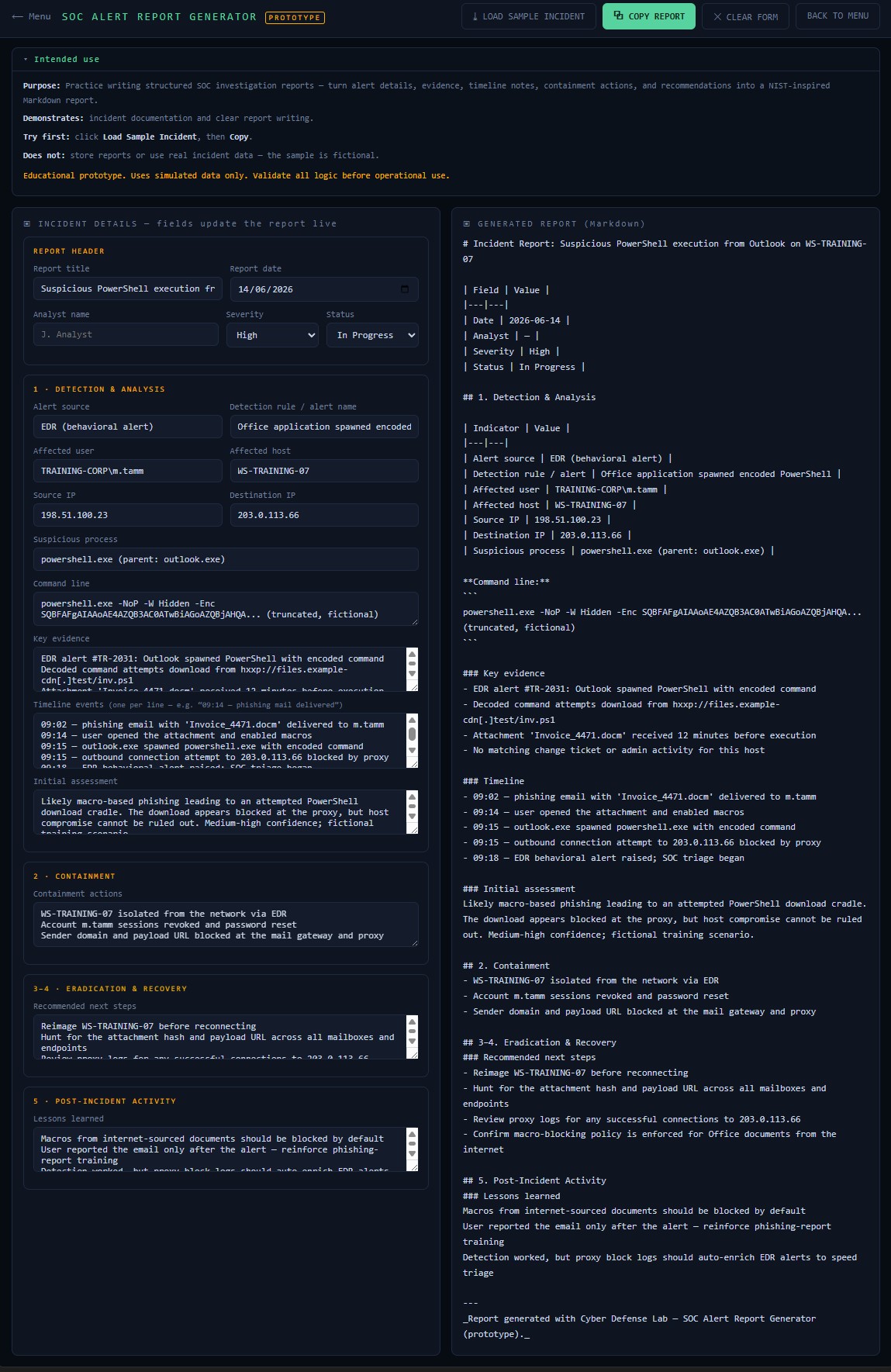 SOC 警报报告生成器输出,生成为结构化的 Markdown 事件报告
