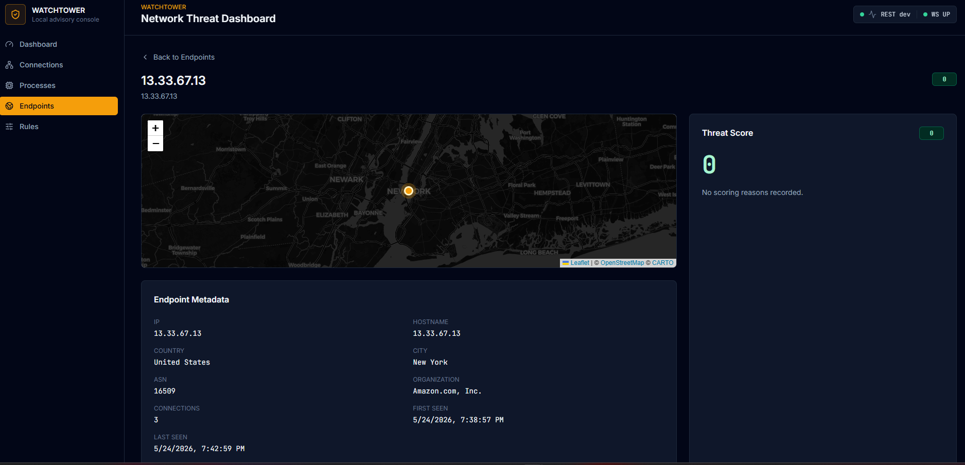Endpoint detail view — Amazon AWS node in New York with map, ASN, and metadata