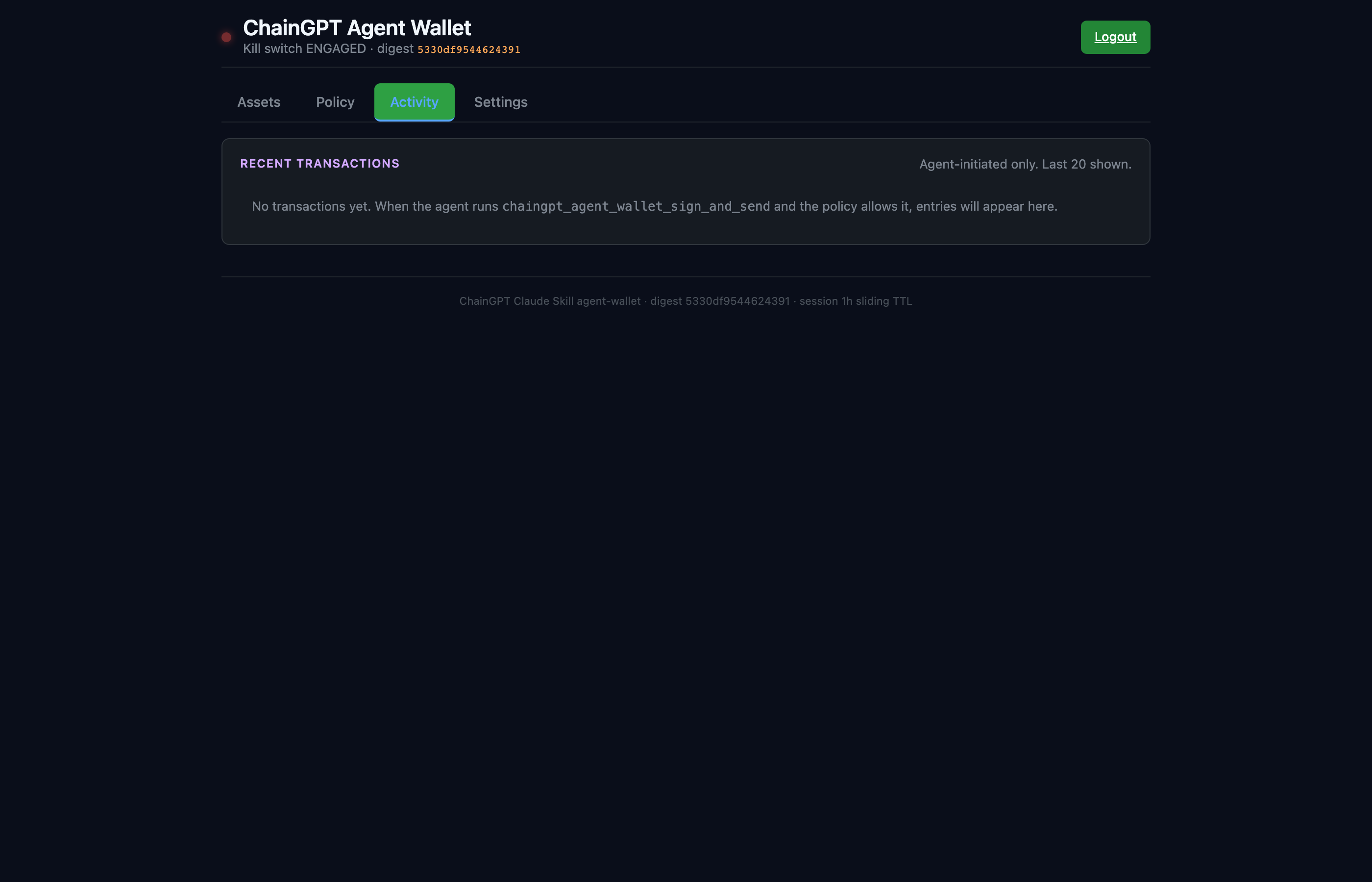 Activity tab — agent-initiated transactions