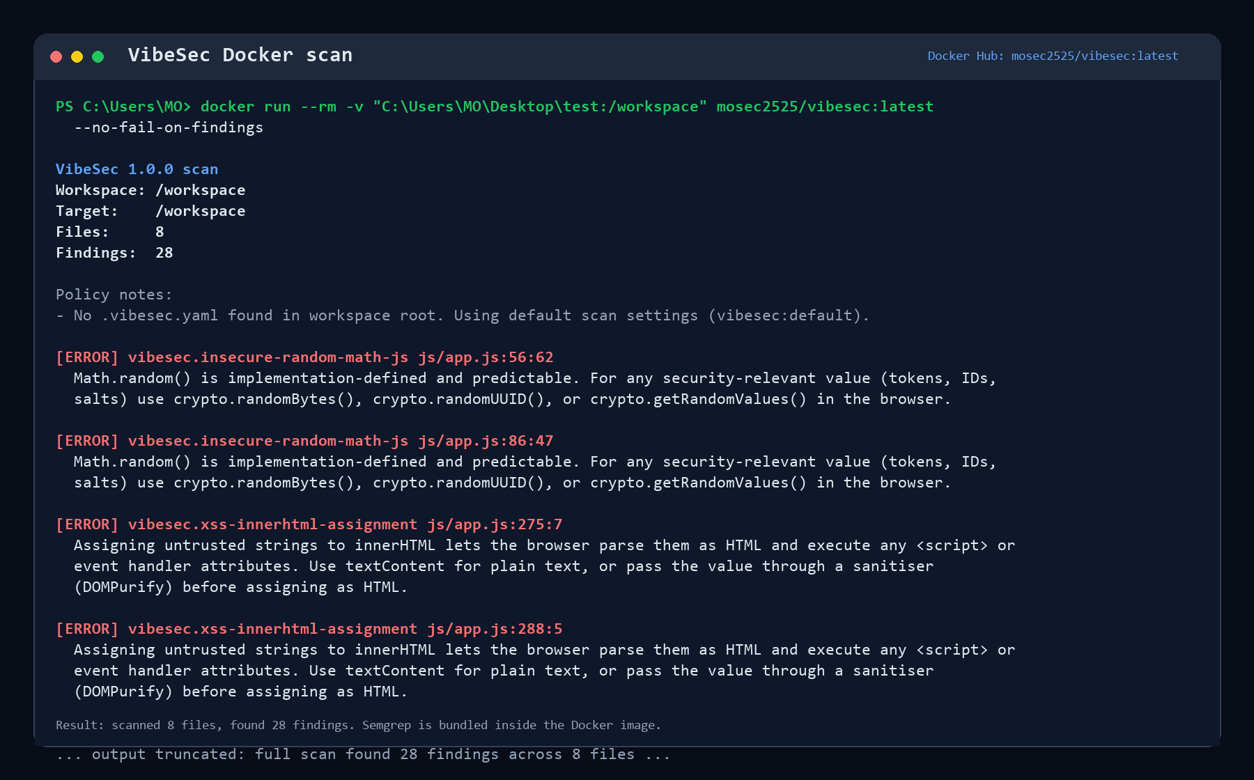 VibeSec Docker scanner command and output