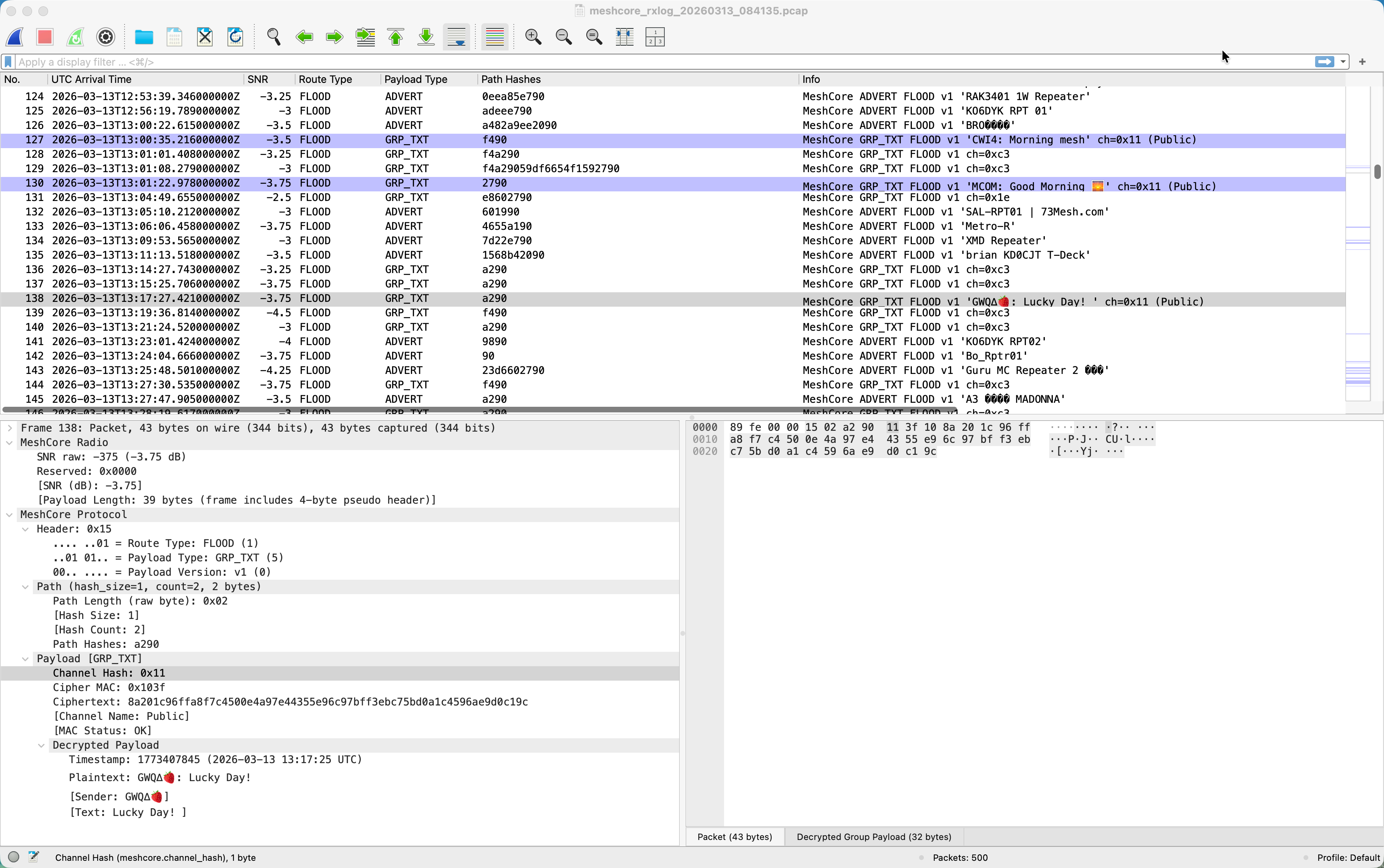 MeshCore dissector showing packet list with protocol tree and decrypted group message