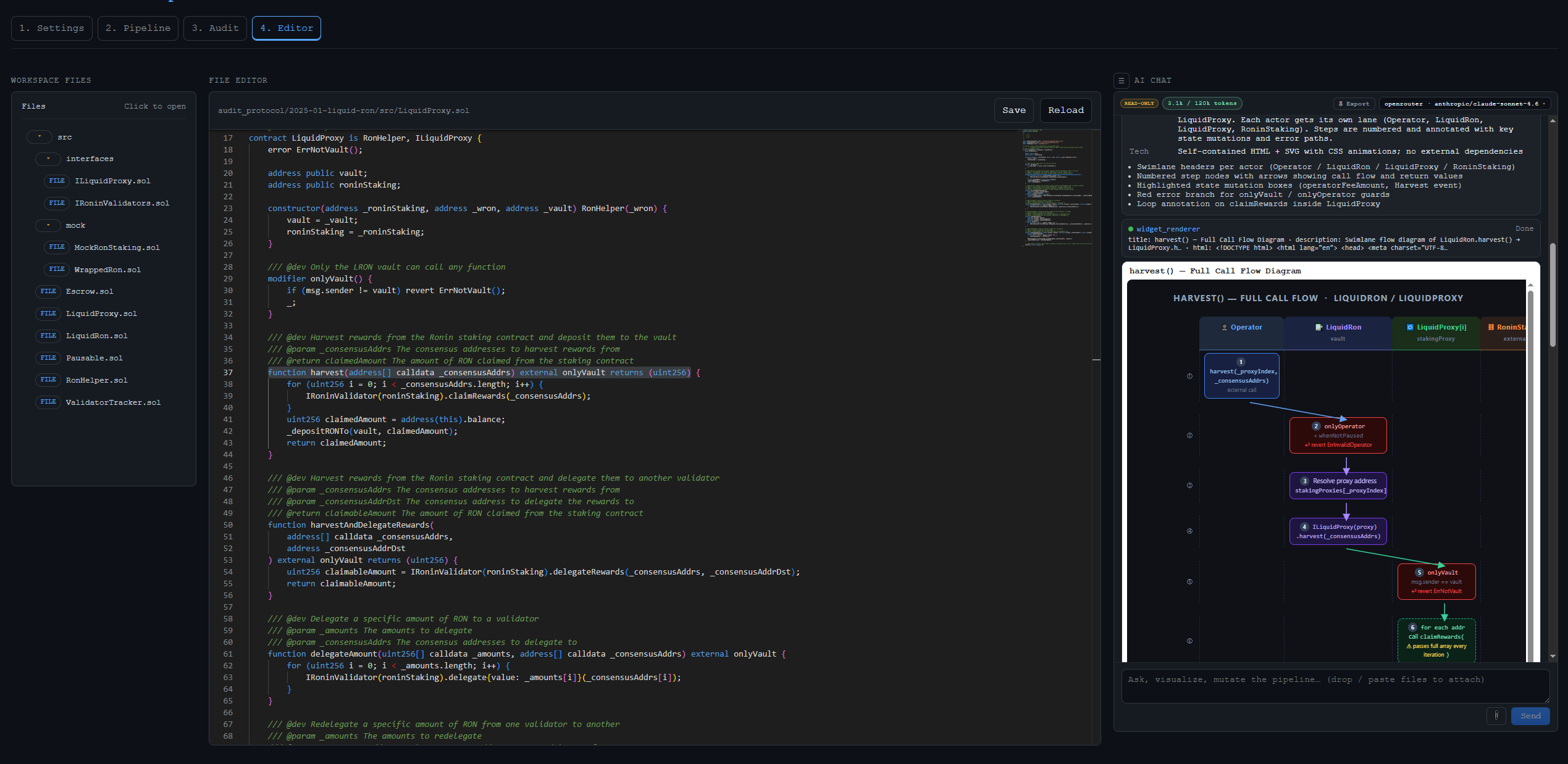 VulnFlow Editor tab and AI chat with call-flow visualization