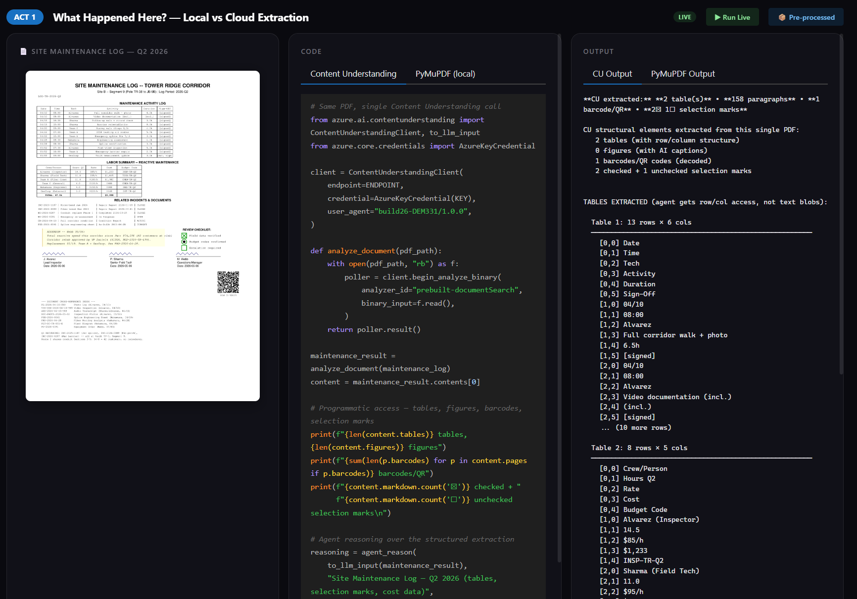 Act 1 live code page — head-to-head comparison of PyMuPDF vs Azure Content Understanding