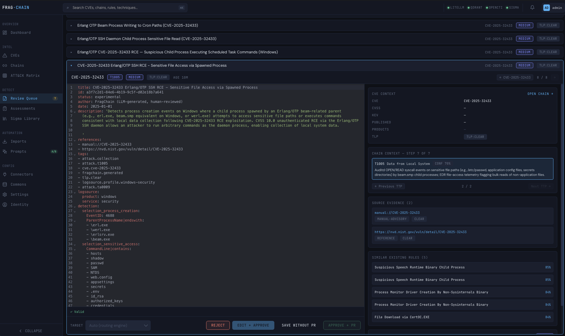 Rule editor — full Sigma YAML with technique tags, references, and TLP