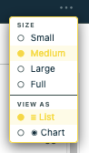 Card settings dropdown — Size and View as