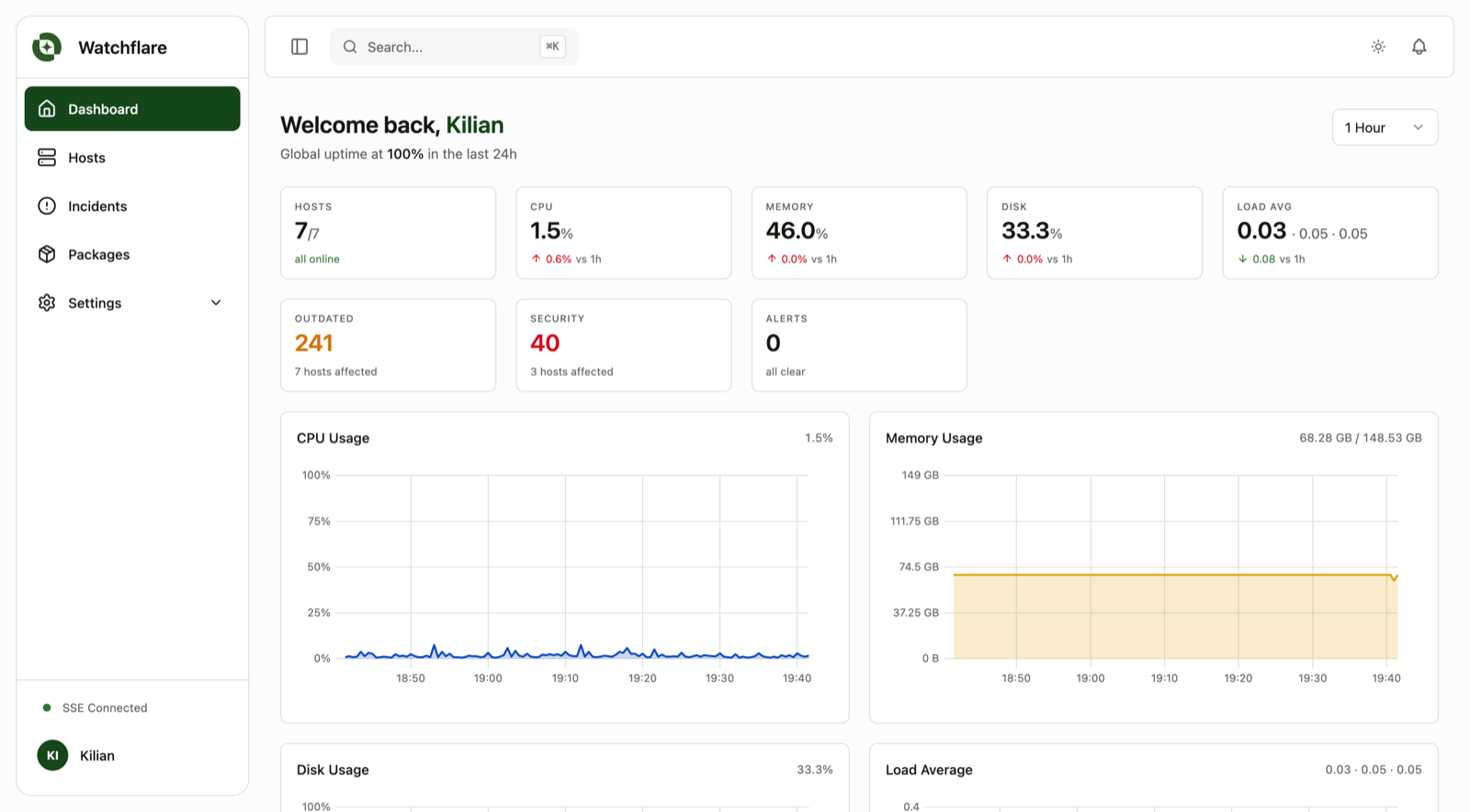 Watchflare dashboard with global KPIs, package status, alerts, and live charts