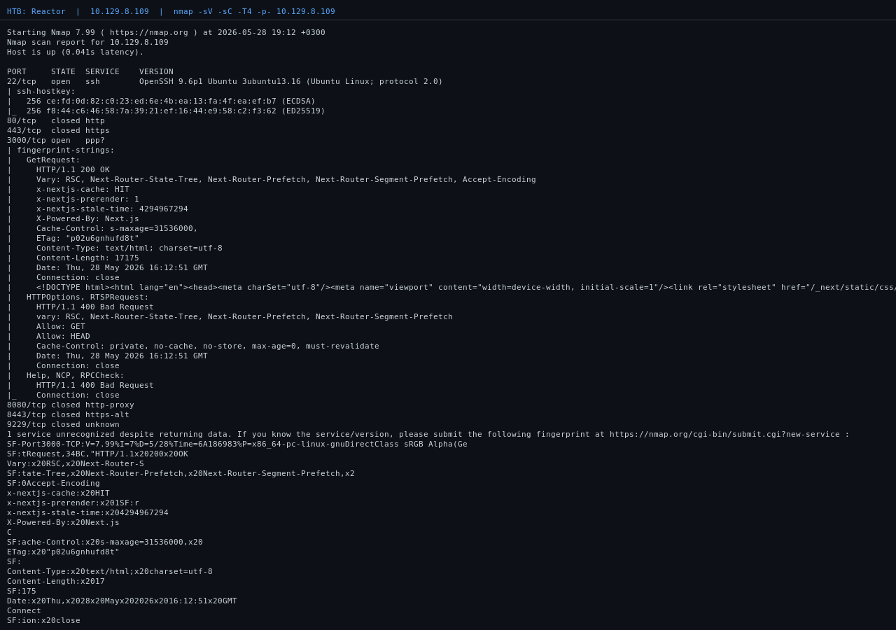 Nmap scan results showing ports 22 and 3000 open with Next.js fingerprinted