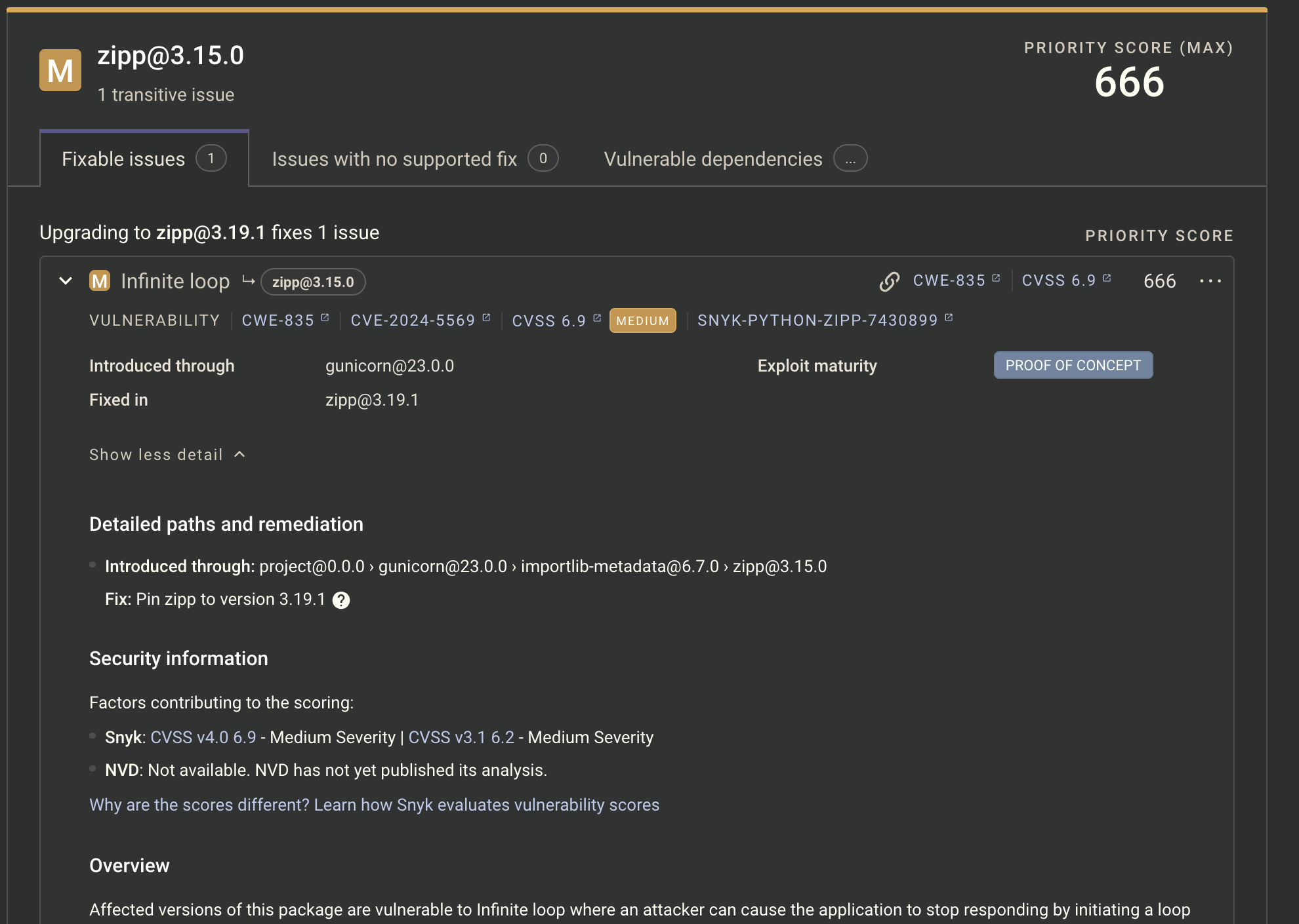 Snyk dashboard showing zipp@3.15.0 infinite loop vulnerability with priority score 666 and fix recommendation
