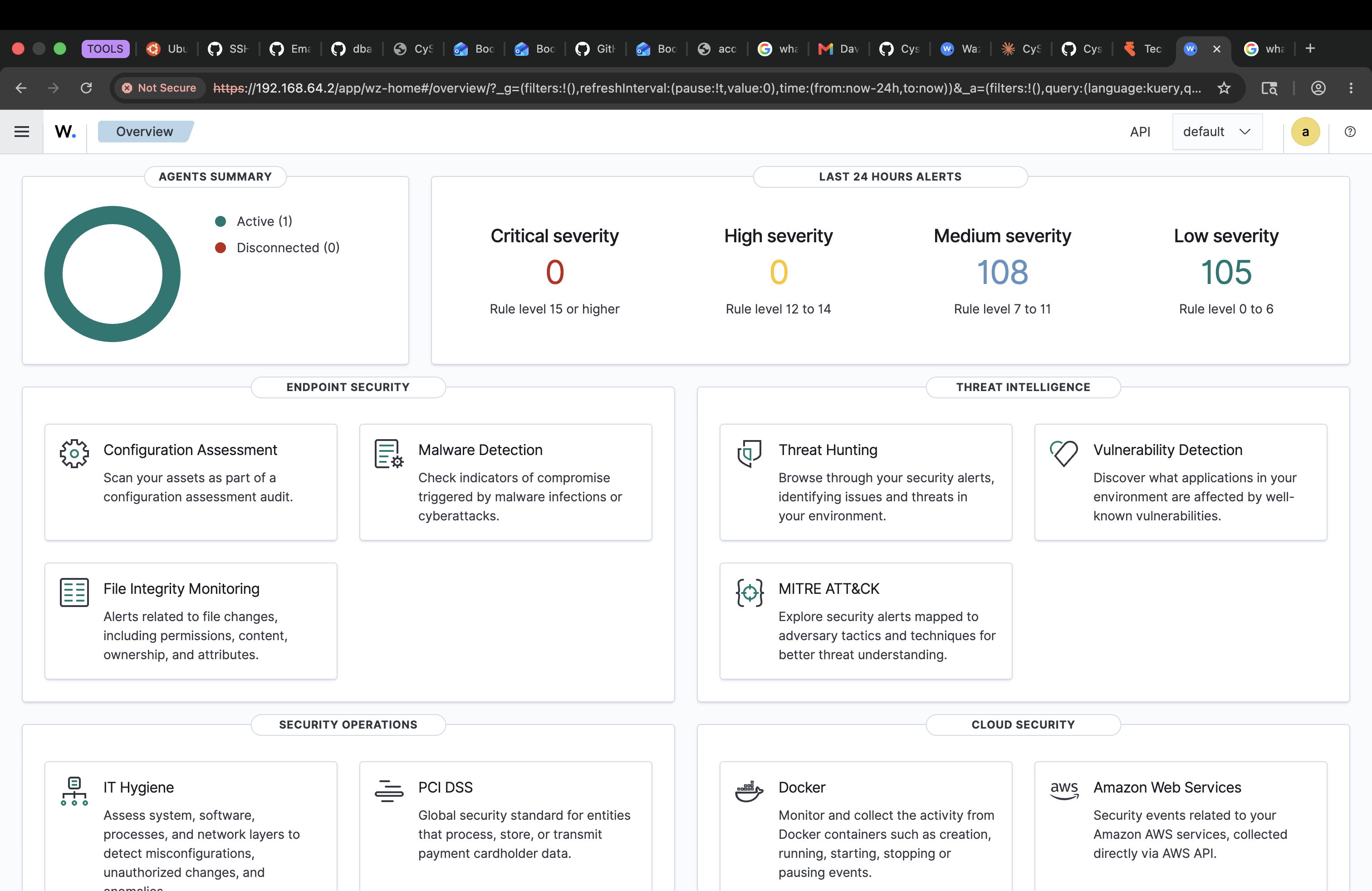 Wazuh dashboard overview showing one active agent and live alerts
