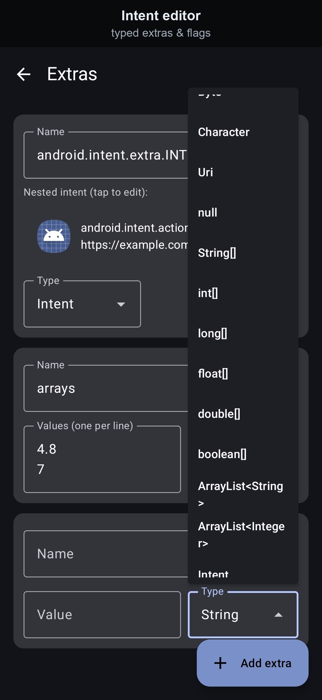 Intent editor — typed extras and flags screenshot