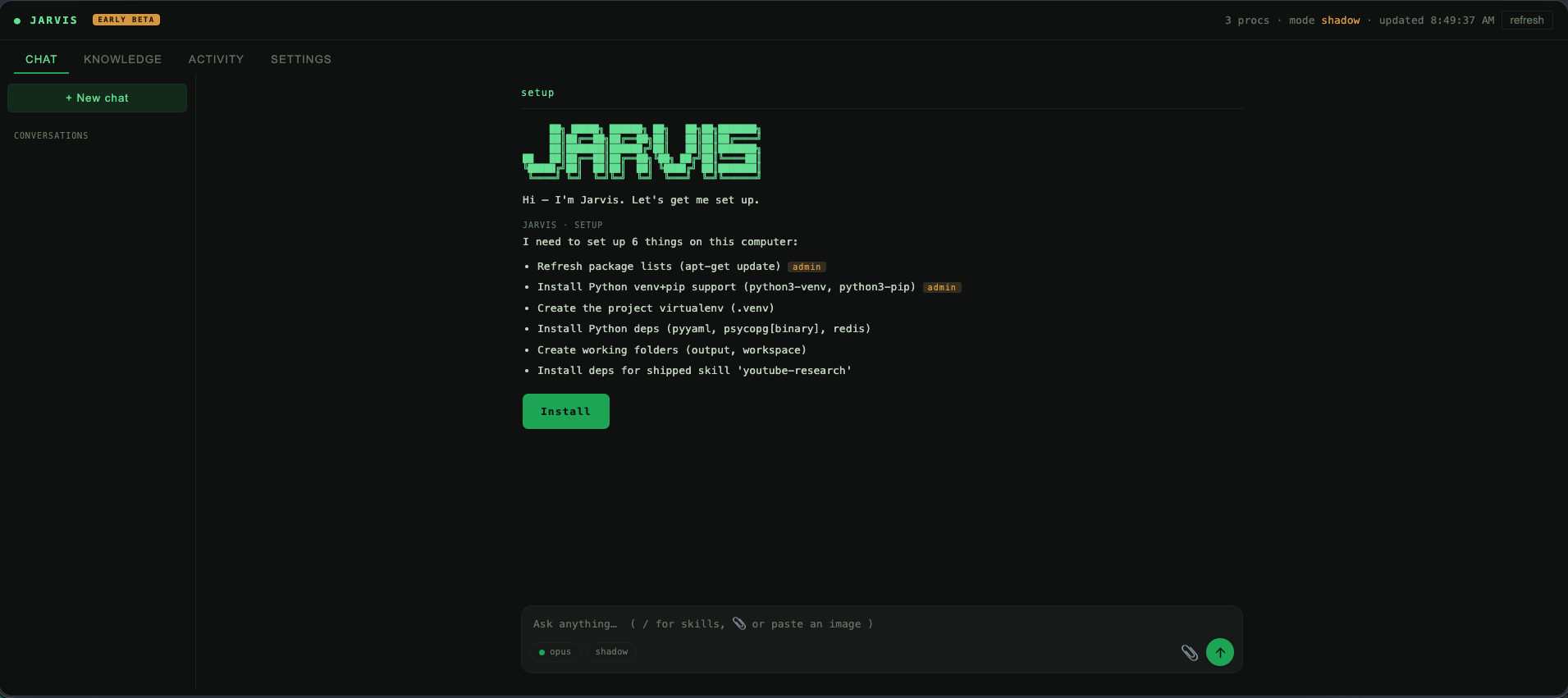 Jarvis — the welcome screen and guided setup