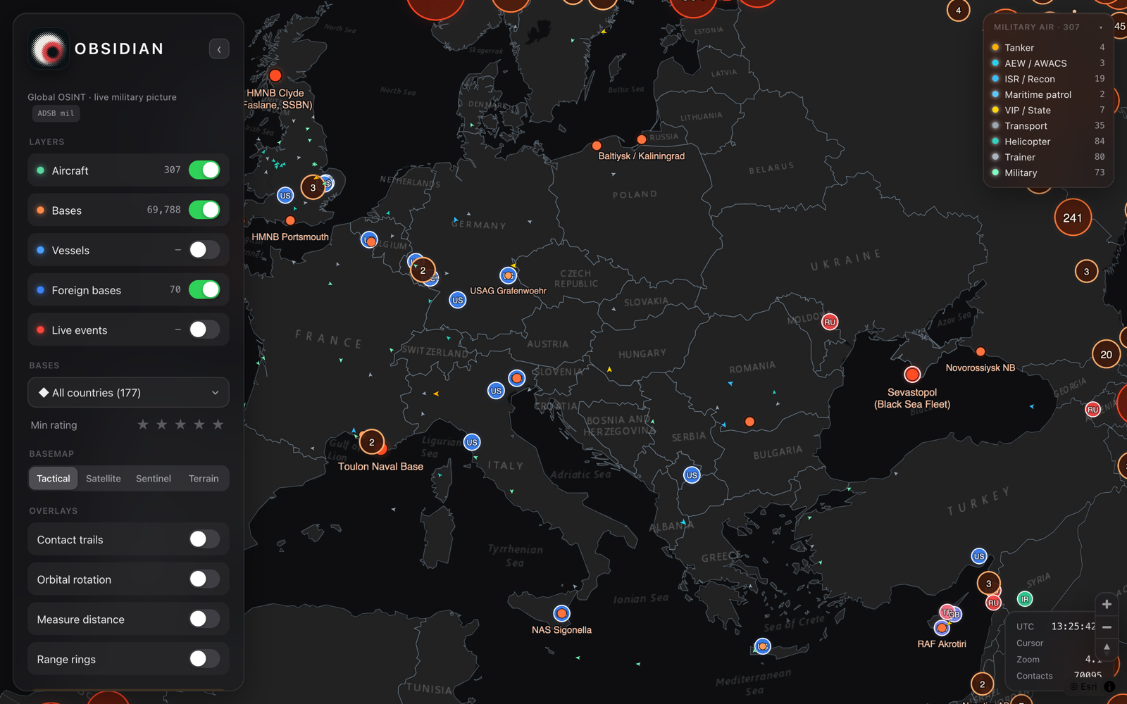 OBSIDIAN tactical view — live military aircraft and installations over Europe