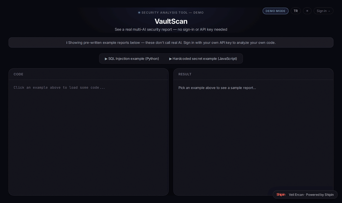 VaultScan demo — selecting an example, AI analysis running, and the merged multi-model report appearing with a severity bar and provider tags