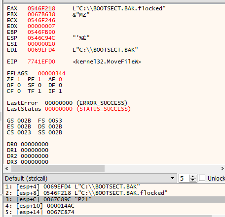 显示 .flocked 重命名的 x32dbg MoveFileW 参数