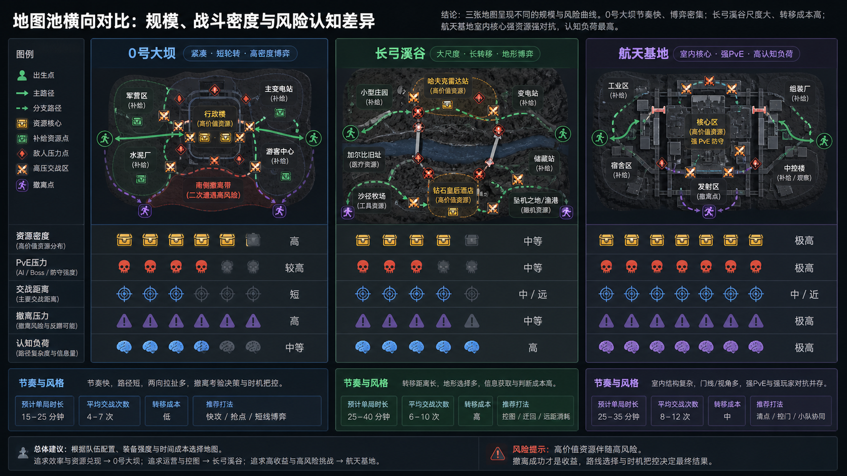 说明图:0号大坝、长弓溪谷、航天基地地图池定位对比