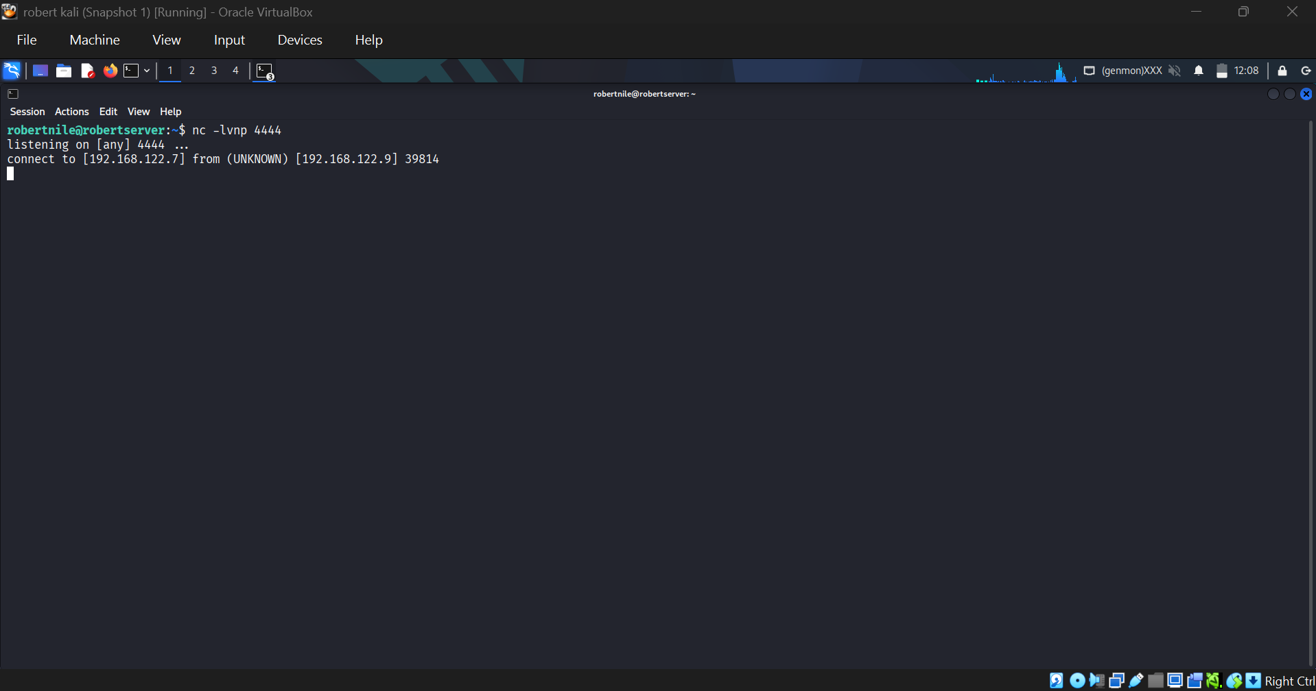 Kali connected on server