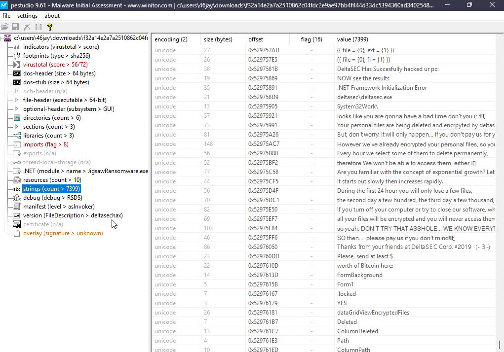 PEStudio 字符串 - 硬编码勒索信文本