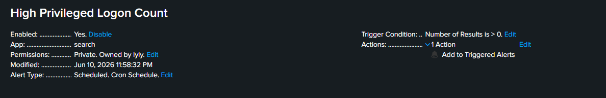 High Privileged Logon Count 告警配置