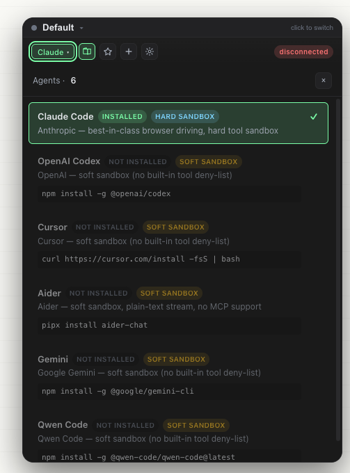 Agent picker — installed vs. available agents