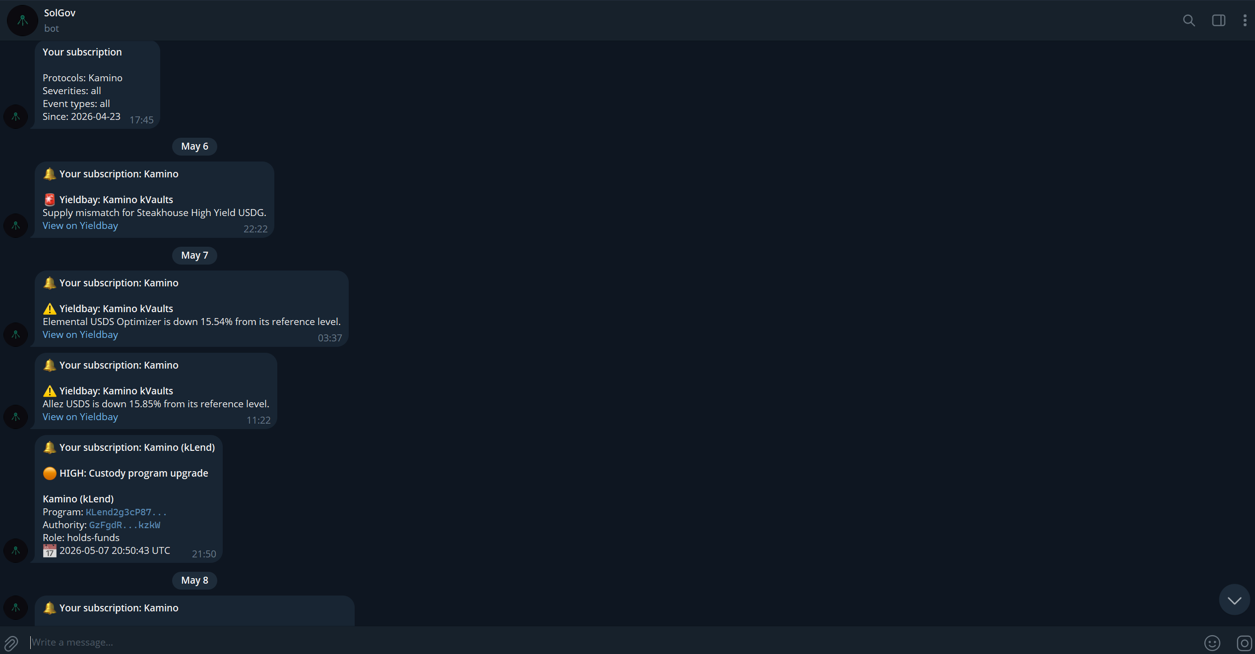 Telegram bot 订阅流:Yieldbay vault 回撤预警以及 Kamino kLend 上的 HIGH 托管程序升级,带有程序 ID、authority、角色和时间戳的严重性标记