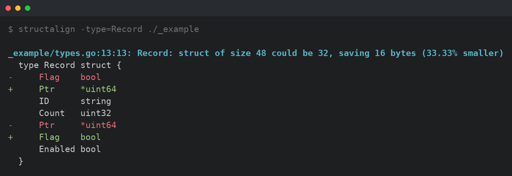 structalign colored unified-diff output against the bundled sample
