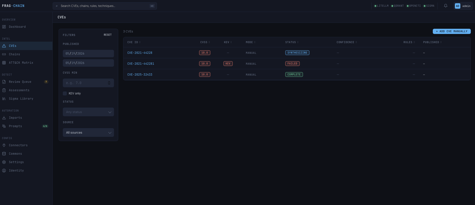 CVE explorer — filterable list with CVSS, KEV, mode, status, and confidence columns
