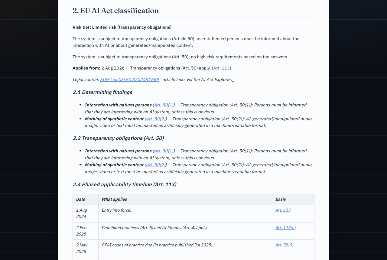 AI Act Companion — 对系统进行分类,然后查看结合架构感知的 AI 安全严重程度、优先级排序的红队测试计划、匹配的防御控制目录、OWASP GenAI 数据安全发现,以及 NIST CSF 2.0 / ISO 27001 框架矩阵