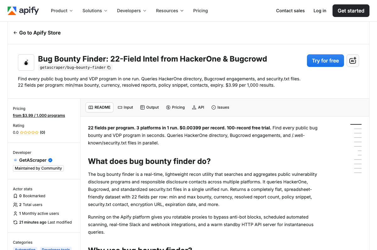 Bug Bounty Finder actor page