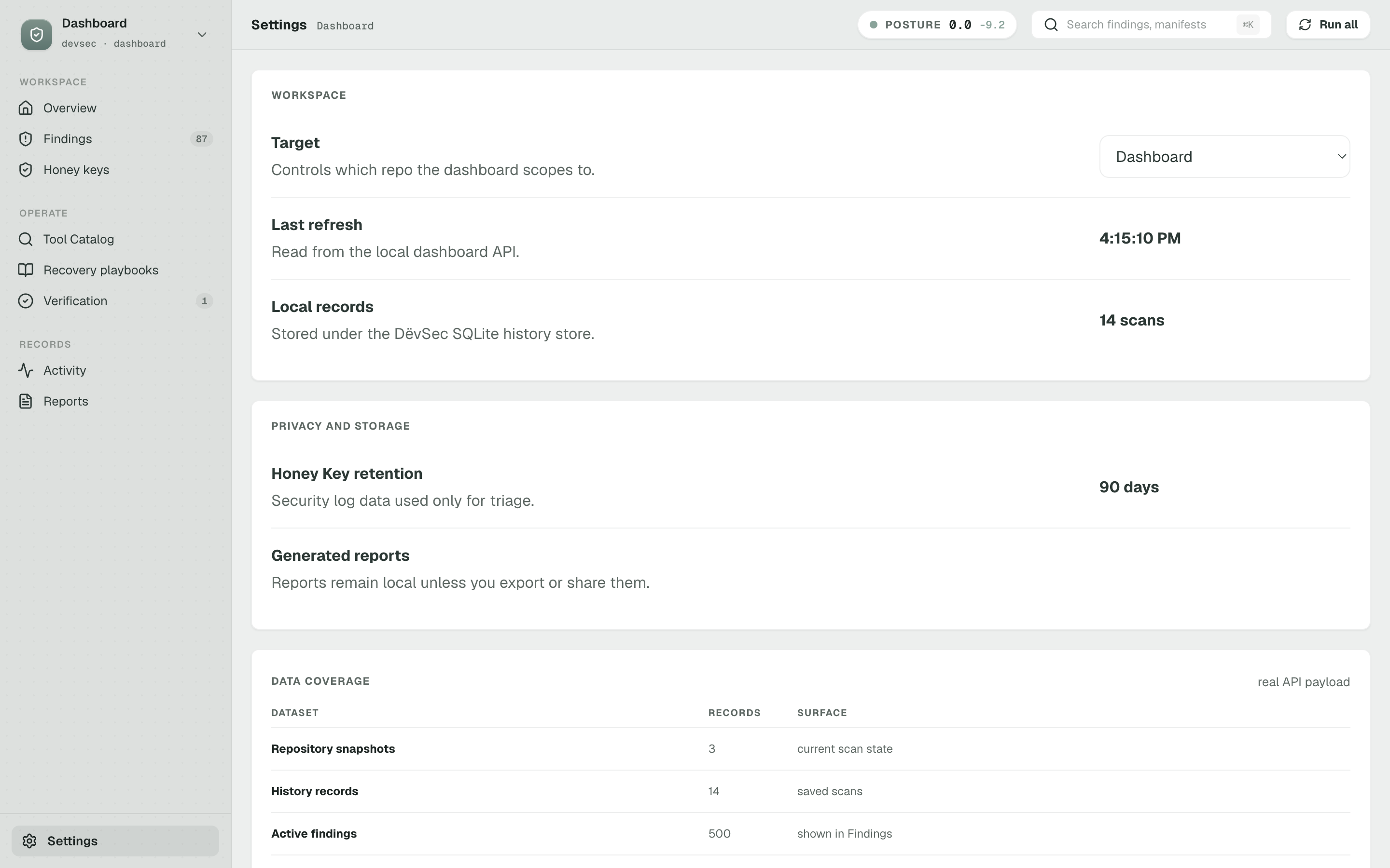 Settings page showing workspace controls, privacy and storage panel, and data coverage