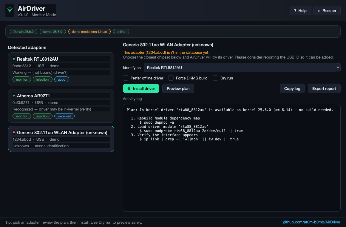 AirDriver identify + install plan